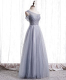 Niulatu one shoulder tulle long prom dress gray tulle evening dress HZ1110