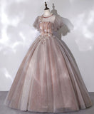 Niulatu tulle lace long prom dress pink lace prom gown HZ1110
