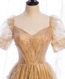 Niulatu tulle v neck long prom dress gold tulle formal dress HZ1110