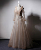 Niulatu v neck tulle lace long prom dress champagne evening dress HZ1110