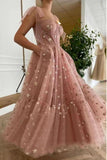 Niulatu Stars Tulle Blush Pink Prom Dresse Shiny Princess Evening Dress With Straps HZ0113