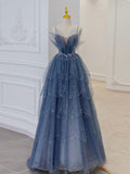 Niulatu blue tulle sequin beads long prom dress, blue evening dress HZ1110
