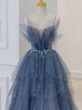 Niulatu blue tulle sequin beads long prom dress, blue evening dress HZ1110