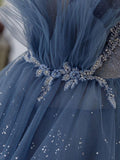 Niulatu blue tulle sequin beads long prom dress, blue evening dress HZ1110