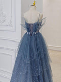 Niulatu blue tulle sequin beads long prom dress, blue evening dress HZ1110