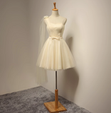 Niulatu A-line sweetheart neck tulle short prom dress, champagne bridesmaid dress HZ1108