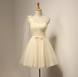 Niulatu A-line sweetheart neck tulle short prom dress, champagne bridesmaid dress HZ1108