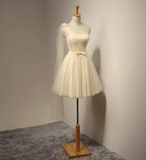 Niulatu A-line sweetheart neck tulle short prom dress, champagne bridesmaid dress HZ1108