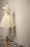 Niulatu A-line sweetheart neck tulle short prom dress, champagne bridesmaid dress HZ1108