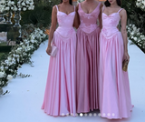 Niulatu Spaghetti Straps A Line Prom Dress Satin Pink Long Bridesmaid Dresses HZ1103