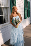 Sweetheart Light Blue Tulle Ruffle Long Prom HZ0308