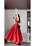 Niulatu A Line Spaghetti Straps Red Backless Ruffles Long Prom Dresses Birthday Outfits SD510