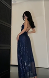 Niulatu Sequins Slit Navy Blue Prom Dress Sexy Evening Dress HZ1007