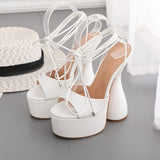 Niulatu Women Sandals High Heels Open Toe Lace Up Ankle Strap Plarform Party Shoes Big Size 42 White Wedding Shoes Pumps DJSE