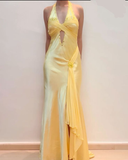Niulatu Mermaid V Neckline Satin Yellow Long Prom Dresses Formal Evening Dresses SD2709