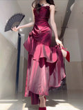 Niulatu Red Satin Long Straps Prom Dress Wine Red A-line Party Dress SD1360
