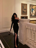 Niulatu Sheath Off The Shoulder Black Slit Long Sleeves Prom Dresses Birthday Outfits SD405