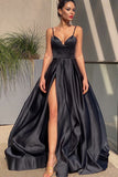 Niulatu Sleek Black Spaghetti Straps Long Prom Dress with Slit and HZ1007