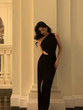 Niulatu Sheath One Shoulder Black Slit Long Prom Dresses Evening Dress SD410