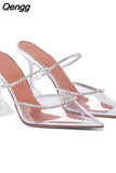 Niulatu Women's Shoes, Outer Wear Fashionable Sparkling Rhinestone Satin Wine Glass Heel Shoes, Baotou Slippers DJSE