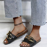 Niulatu Women Slipper Women's Sandals New Design Gold Chain Closed Toe Slip On Mules Shoes Flat Heel Square Head Casual Slides Flip Flop DJSE