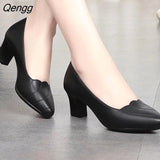 Niulatu Women Cute European Stylish Round Toe Black Pu Leather Square Heel Pumps Lady Casual Wine Red Comfort Summer Heel Shoes DJSE