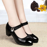 Niulatu Women's Black Working Shoes Mother Shoe Soft Sole Comfortable Mid-heel Single Shoes Non-slip Leather Shoes for Middle-aged Women DJSE