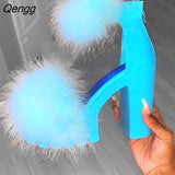 Niulatu college Women Sandals Fluffy High Heels Summer Fur Shoes 2025 Casual Ankle Buckle Fashion Shoes Non-Slip Outside Sandals Big Size 43 DJSE