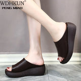 Niulatu Women's Summer Wedges Slippers Slip-On Shoes Woman Flat Peep Toe Breathable Soft Platform Leather Sandals Platform Shoes DJSE