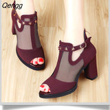 Niulatu Women Pumps High Thick Black Heels Ladies Shoes Rivet Mesh Zipper Open Toe Casual Party Wedding Platform Chunky Sandal DJSE