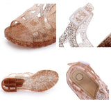 Niulatu Summer Women Sandals Jelly Shoes Open Toe Roman Sandals Non-slip Beach Shoes Crystal Shiny Thick Heel Plastic Retro DJSE