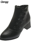 Niulatu Winter Women Boots Pu Leather Solid Color Mid Chunky Heel Ankle Boots Button Pumps Shoes Warm Ladies Short Booties DJSE