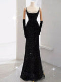 Niulatu Mermaid Spaghetti Straps Black Sequin Long Prom Dresses Party Dress With Beads HZ1110