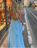 Niulatu A Line Halter Blue Chiffon Backless Long Evening Dress Prom Dresses SD1660