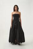 Niulatu Ball Gown Strapless Black Satin Long Prom Dresses With Ruffles Evening Dress HZ1110