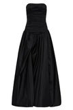 Niulatu Ball Gown Strapless Black Satin Long Prom Dresses With Ruffles Evening Dress HZ1110