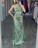 Niulatu One Shoulder Hot Pink Satin Sheath Prom Dress Long Evening Dress HZ1007