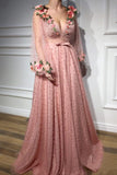 Niulatu Flowers Long Sleeve Pink Prom Dresses Pearl Beaded V Neck Formal Dress HZ0113