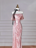 Niulatu Pink Off The Shoulder Satin Mermaid Long Prom Dress Evening Dress HZ1007
