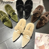 Niulatu Mules Women Fashion Pointed Toe Fur Loafers Ladies Brand Design Outdoor Furry Slides Evening Party Heeled Shoes DJSE