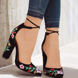 Niulatu High Heels Embroidery Flower Pumps Ankle Strap Female Pointed Toe Shoes Heel Sandal for Women Summer Footwear 43 DJSE