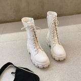 Niulatu Women Motorcycle Boots Wedges Flat Shoes Woman High Heel Platform PU Leather Boots Lace Up Women Shoes Black Boots Girls DJSE