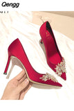 Niulatu Women Bridal Shoes Wedding Shoes High Heels Satin Silk Pumps Female Stiletto Luxurious Pointed Diamond Party Shoes DJSE
