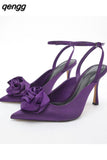 Niulatu Floral Pumps with Pointed Toe and Stiletto Slingback Strap Chunky Heels Party Prom Shoes Women DJSE