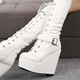 Niulatu Size 35-43 Ladies Wedges High Heels Knee High Boots Cross Tied High Platform Boots Women Party Sexy Shoes Woman DJSE