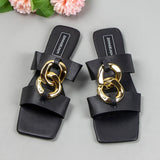 Niulatu Summer 2025 Fashion Luxury Design Flat Casual Slides Outside Beach Shoes Sqaure Toe Metal Button Women Slippers DJSE