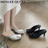 Niulatu Arrival Gold Outer Wear Slippers Women Fashion Slip On Square Toe Stiletto Mules Comfortable Heel Slide For Party Shoes DJSE
