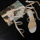 Niulatu Women Sandals 2025 New Summer Rhinestone Ankle Strap Roman Shoes Ladies High Thick Square Heels Simplicity Sexy Shoes Female DJSE