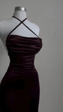 Niulatu Sheath Halter Sleeveless Burgundy Satin Backless Prom Dresses Long Evening Dress HZ1110