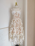 Niulatu A line Spaghetti Straps White Satin Floral Dinner Party Dresses Birthday Outfits SD385